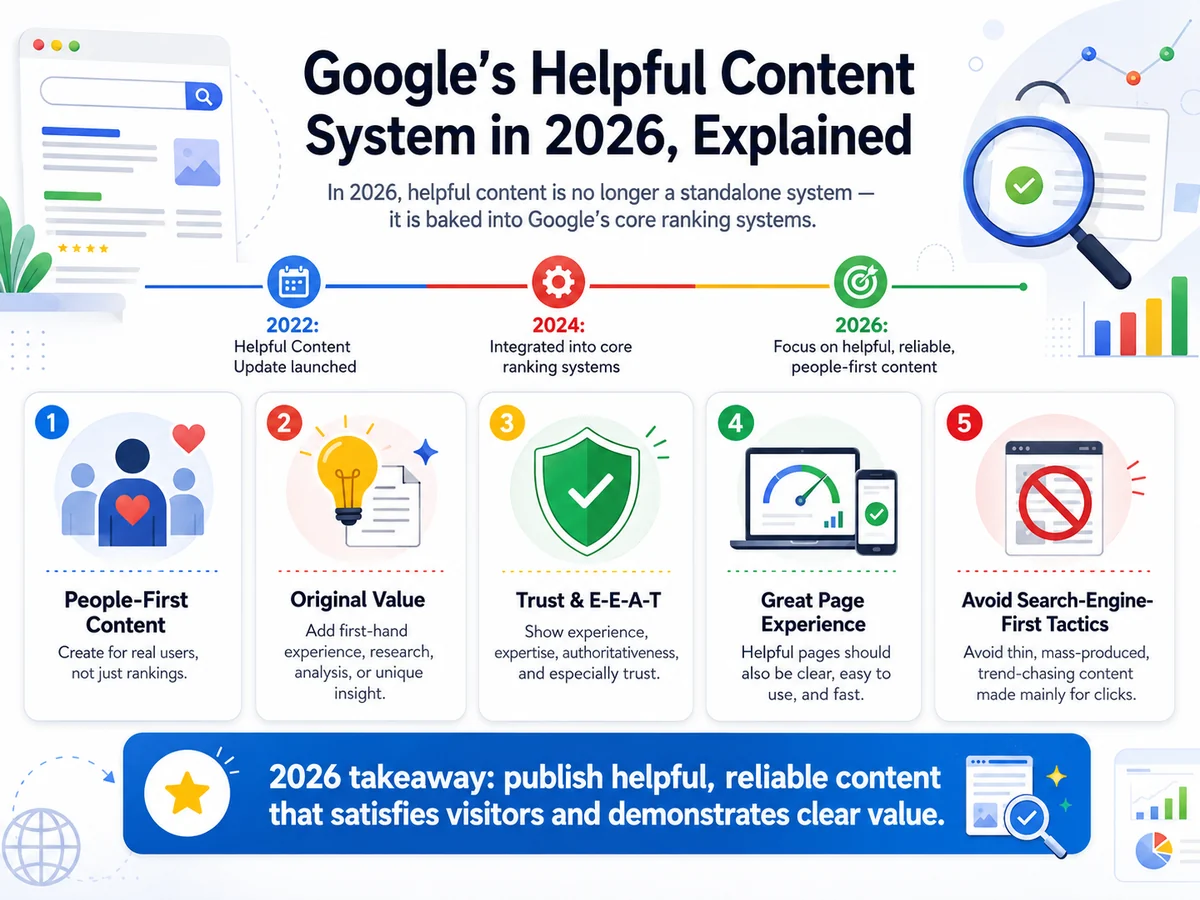 Infographic: Google's Helpful Content System in 2026 explained — people-first content, original value, E-E-A-T, page experience — NEXT SEO24