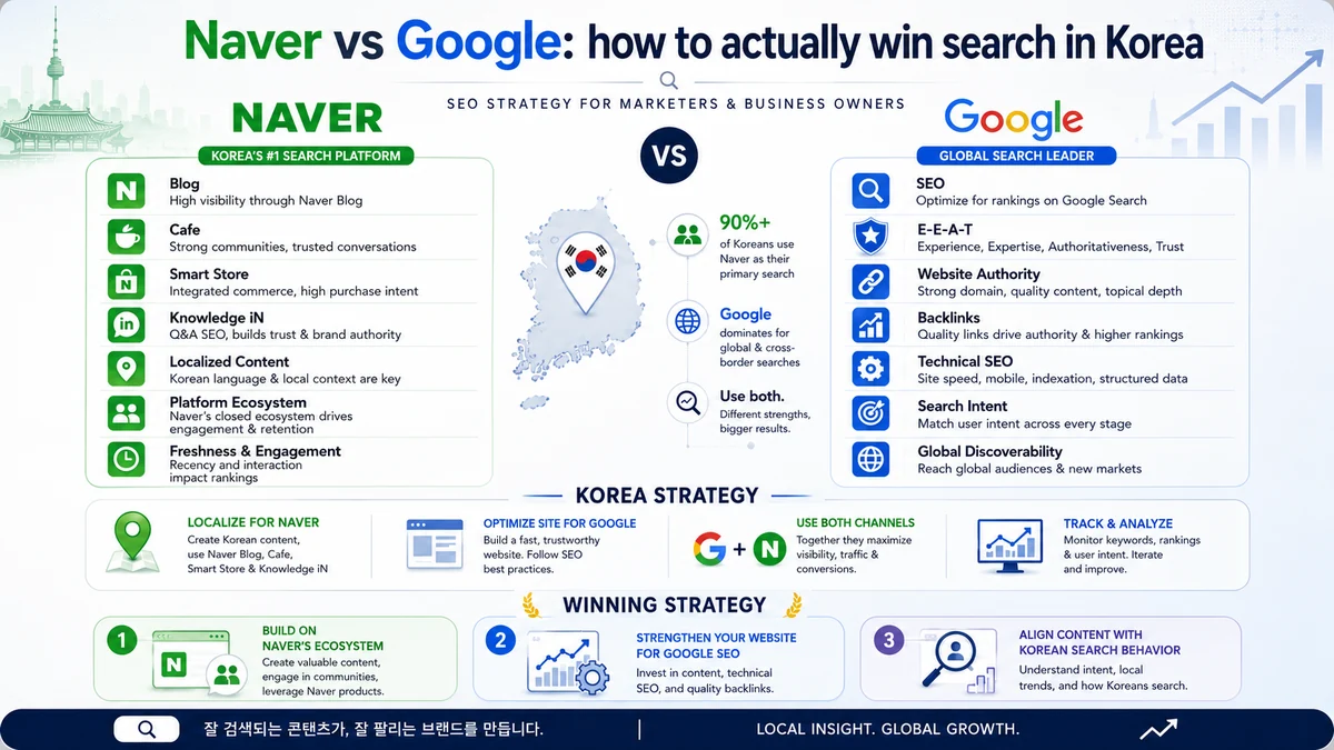 Infographic: Naver vs Google — how to win search in Korea, with a Naver and Google strategy and winning steps — NEXT SEO24