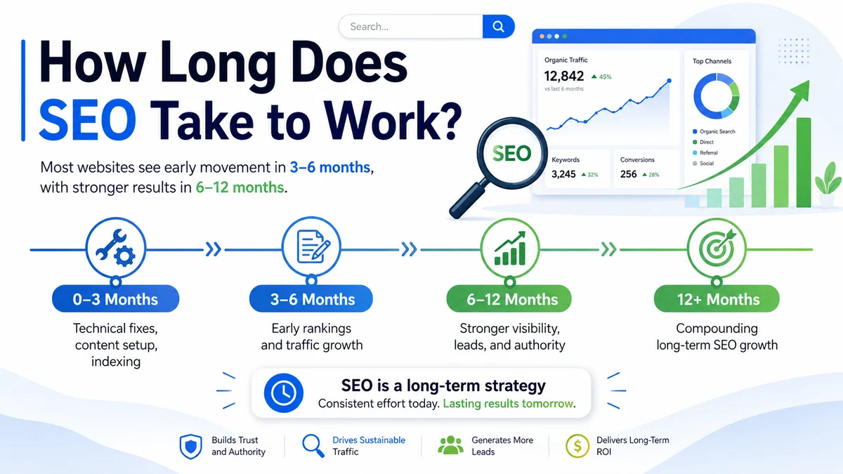 Infographic: how long does SEO take to work — a 0–3, 3–6, 6–12 and 12+ month timeline — NEXT SEO24