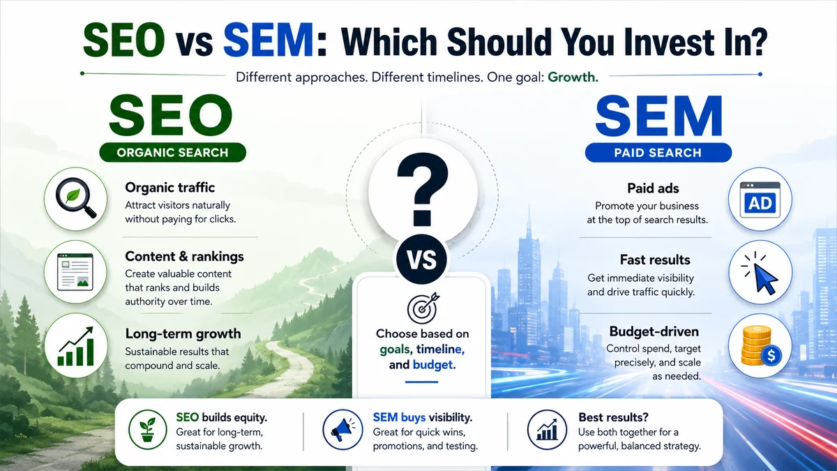 Infographic: SEO vs SEM — organic search vs paid search compared by approach, timeline and budget — NEXT SEO24