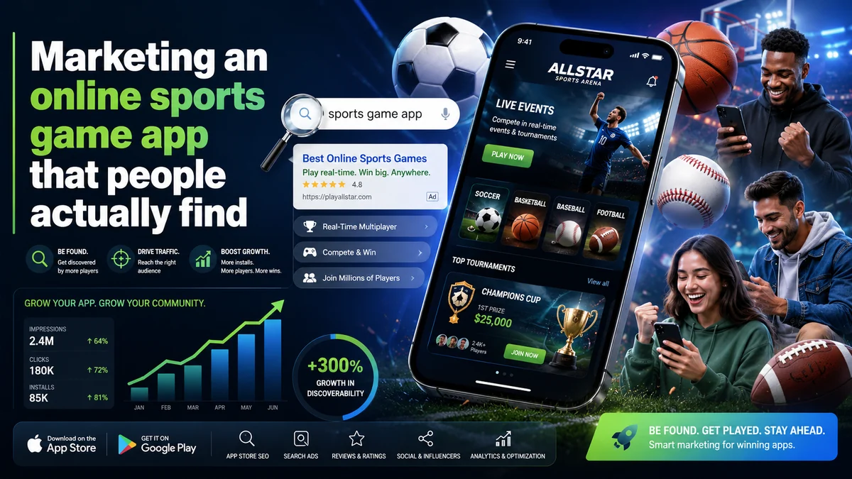 Infographic: marketing an online sports game app — ASO, web SEO and growth in discoverability — NEXT SEO24